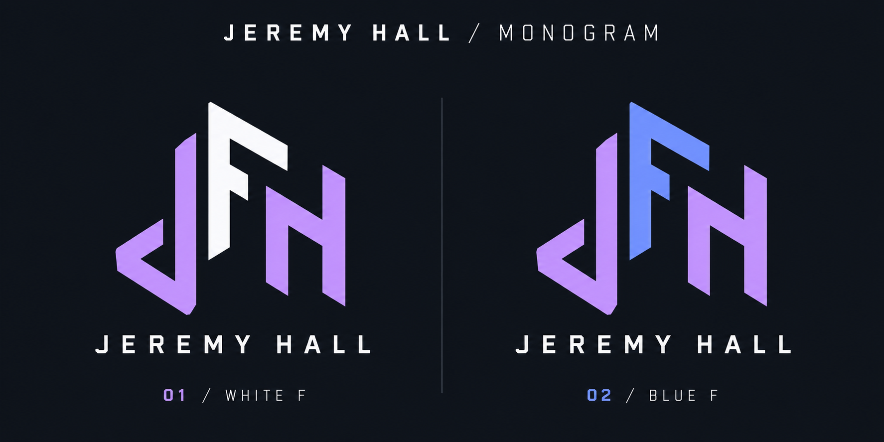 Two Jeremy Hall monogram options: lavender J and H with a white F, or a blue F
